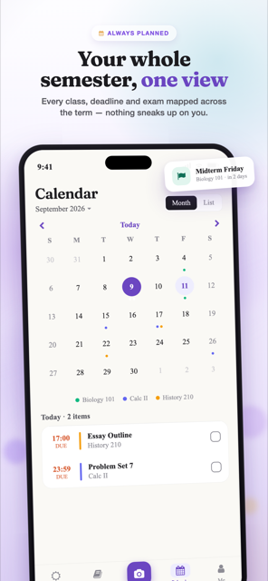 Semora calendar screen showing a full month of colour-coded deadlines across three courses