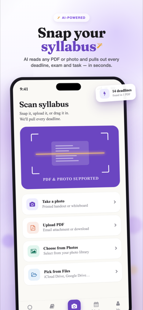 Semora scan screen showing photo, PDF, photo library and file import options